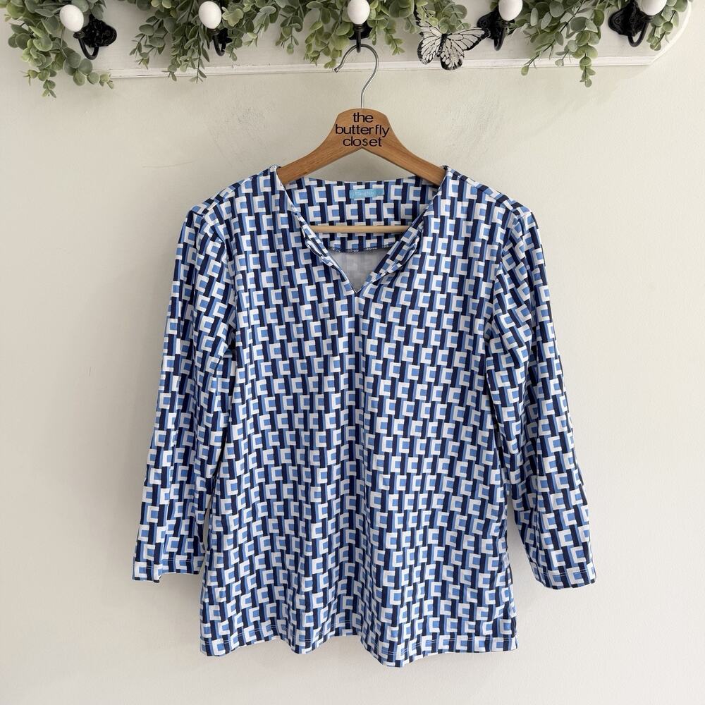 J. McLaughlin Catalina Cloth Blue Geometric 3/4 Sleeve V Neck Shirt Large CP